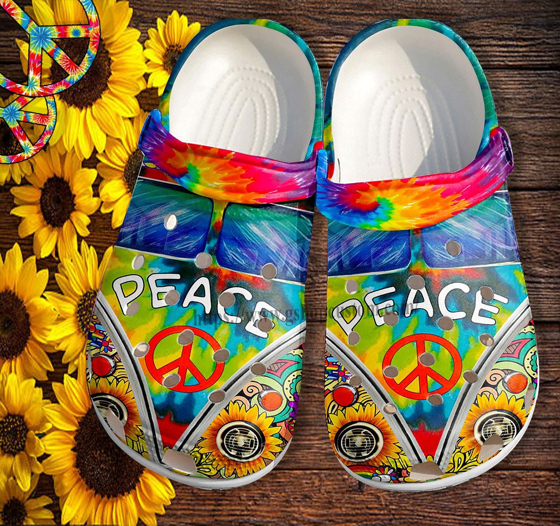 Hippie Peace Bus Sunflower Croc Shoes- Rainbow Sunflower Peace Symbol Shoes Croc Crocs Gift Birthday Girl