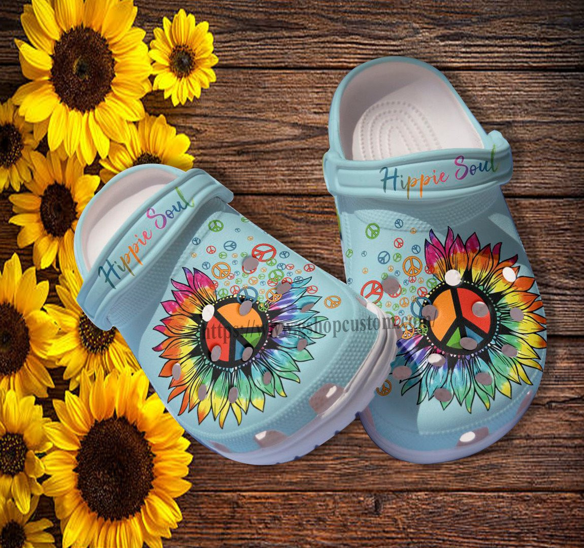 Rainbow Sunflower Peace Hippie Soul Croc Shoes Gift Besties- Hippie Sunflower Vintage Shoes Croc Crocs Mother Day Gift