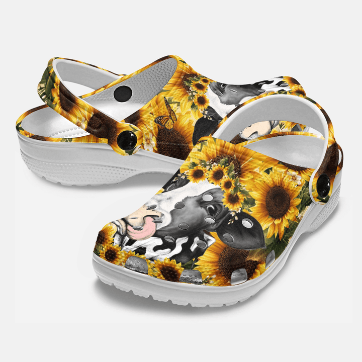 Funny Cow Sunflower Pattern Crocs Shoes, Unisex Animal Print Crocs Shoes Comfortable For Men Women