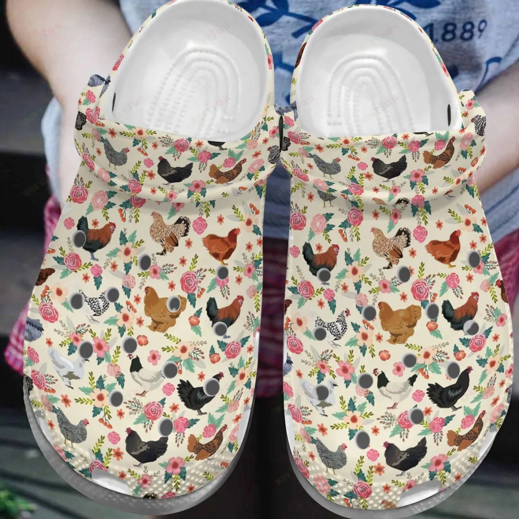 Chicken Classic Crocs Whitesole Chicken In Flower Garden Crocs Shoes Comfortable For Men Women